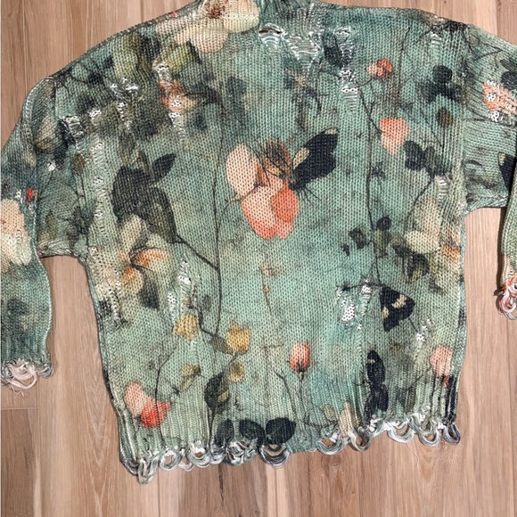 R13 DistressedPrinted Oversized Turquoise Floral Crewneck Sweater XS - Picture 8 of 8